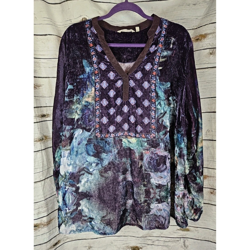 Soft Surroundings Purple Multi Velvet Tunic Top 1X Boho Psychedelic V Neck